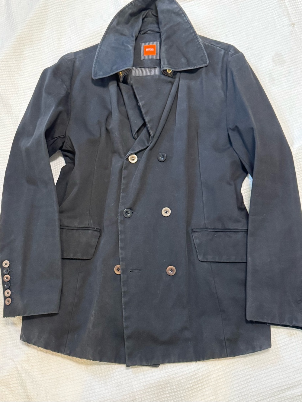 Distressed Hugo Boss Men's Double-Breasted Black Coat - Hugo Boss
